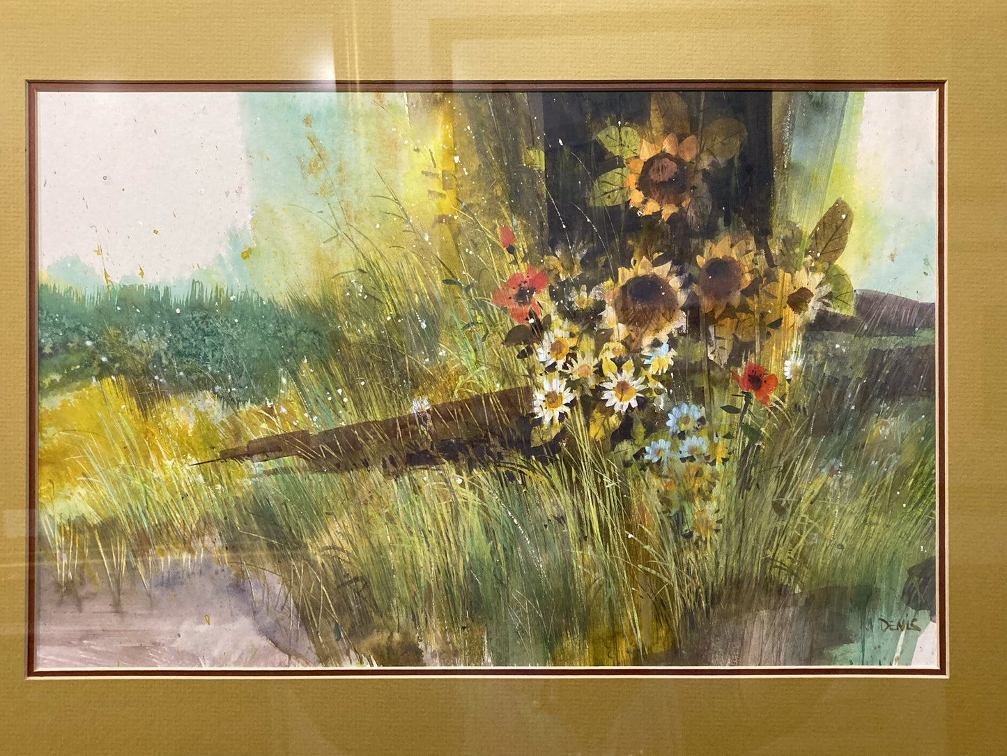 Vintage 1970s Floral Landscape Watercolor Framed Painting