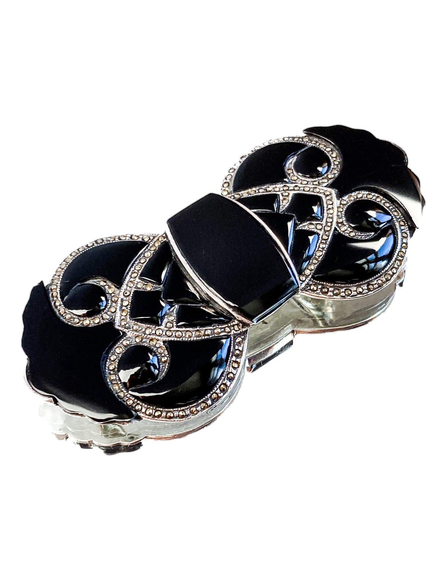 Vintage Art Deco Style Sterling Silver Marcasite Black Onyx Large Brooch Pin