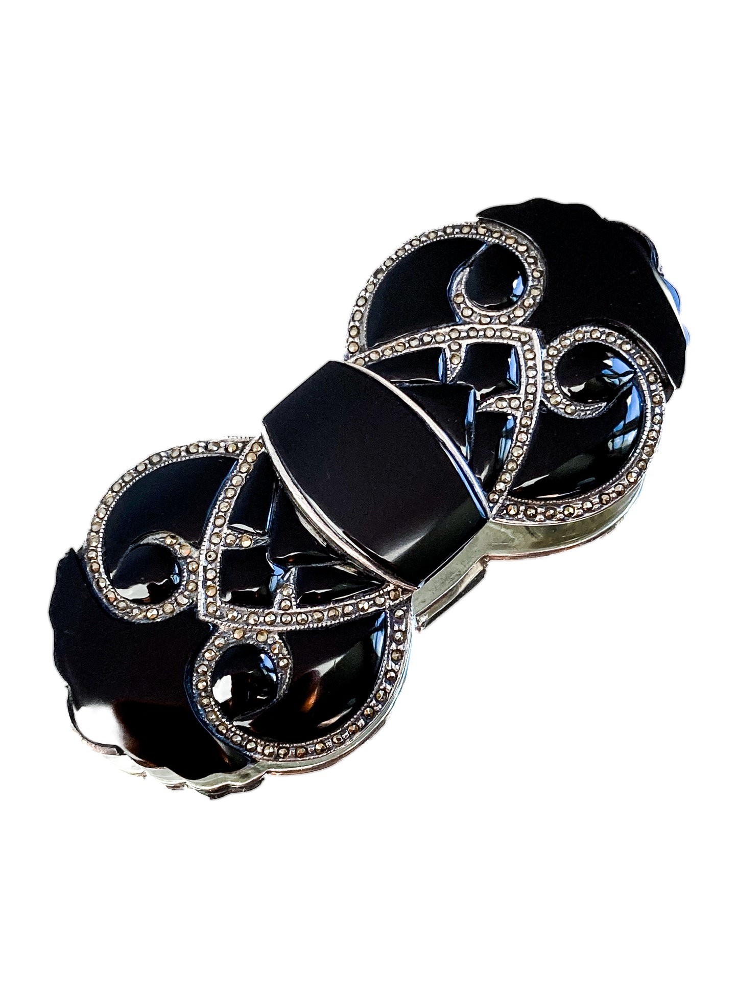 Vintage Art Deco Style Sterling Silver Marcasite Black Onyx Large Brooch Pin