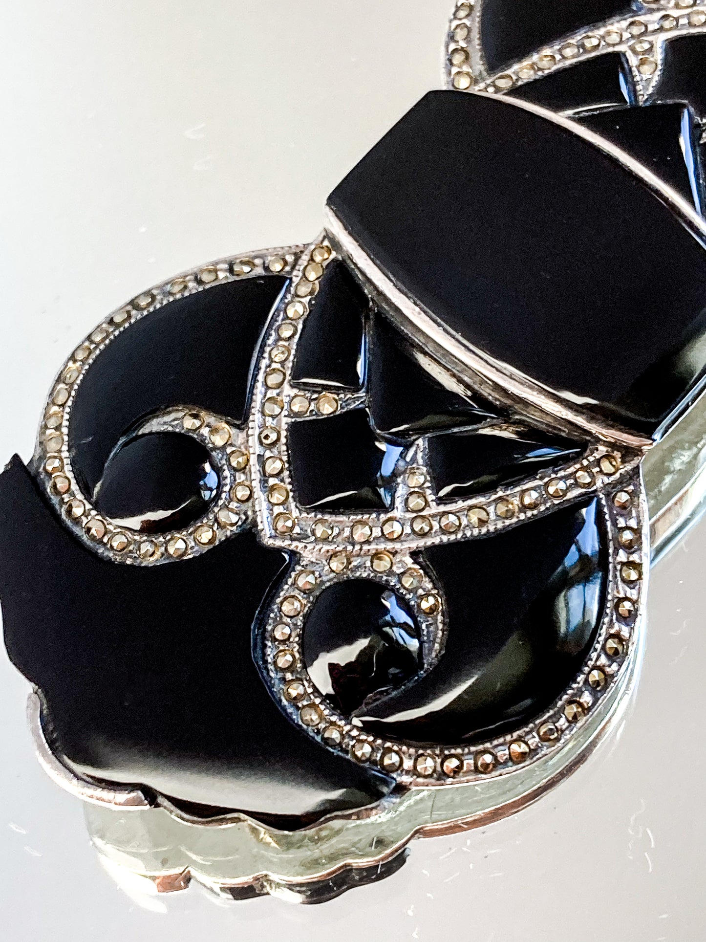 Vintage Art Deco Style Sterling Silver Marcasite Black Onyx Large Brooch Pin