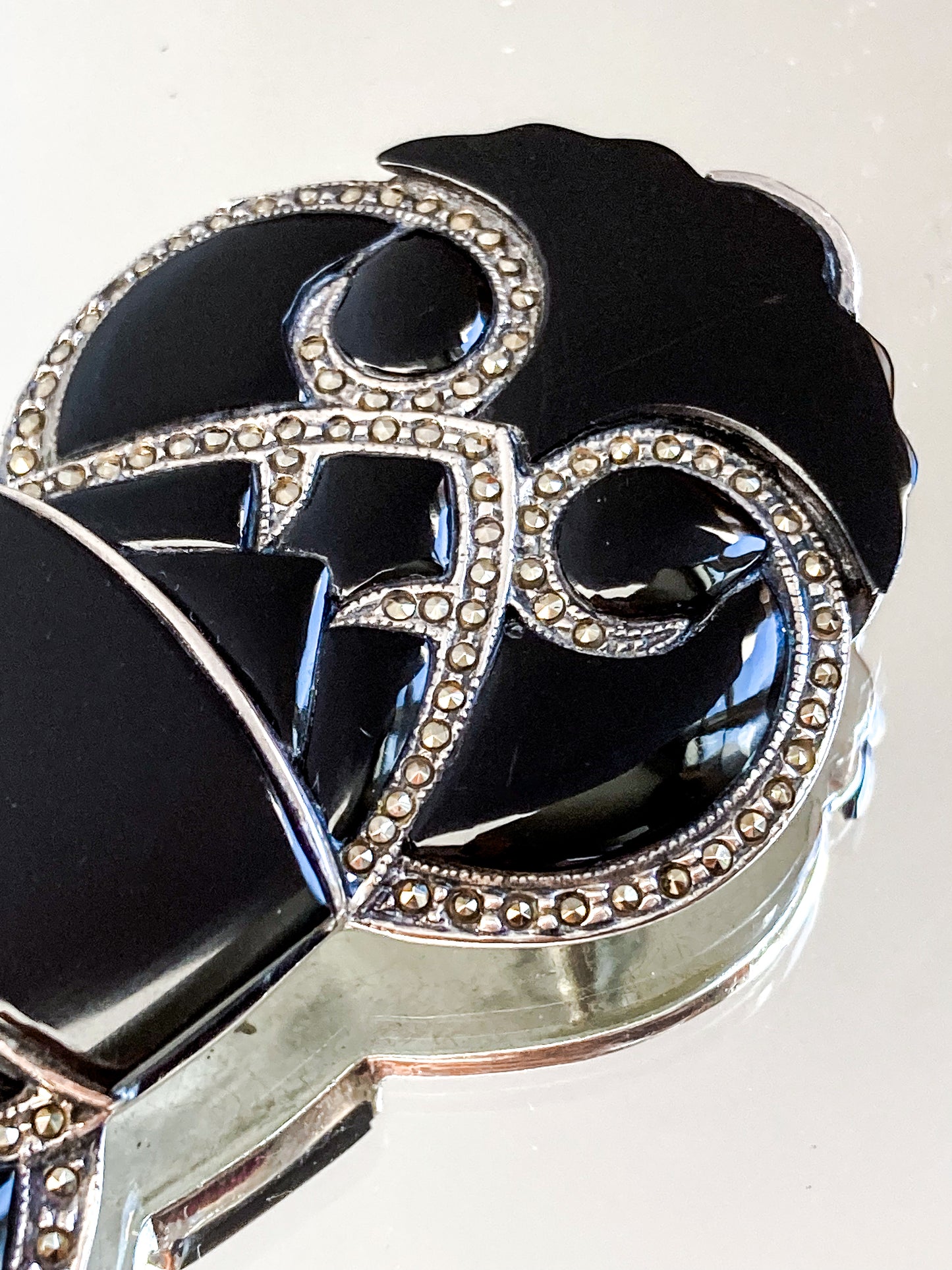 Vintage Art Deco Style Sterling Silver Marcasite Black Onyx Large Brooch Pin