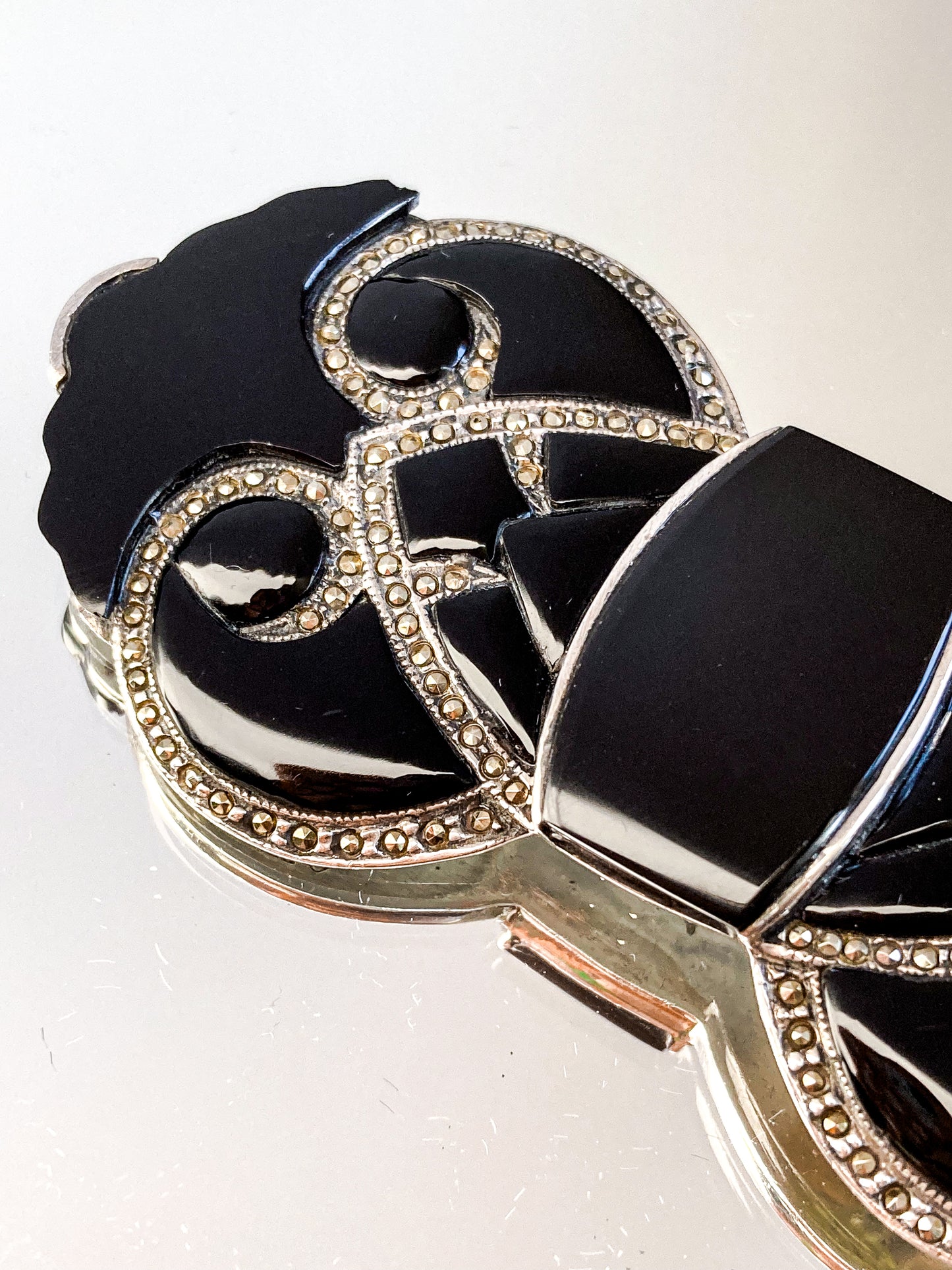 Vintage Art Deco Style Sterling Silver Marcasite Black Onyx Large Brooch Pin