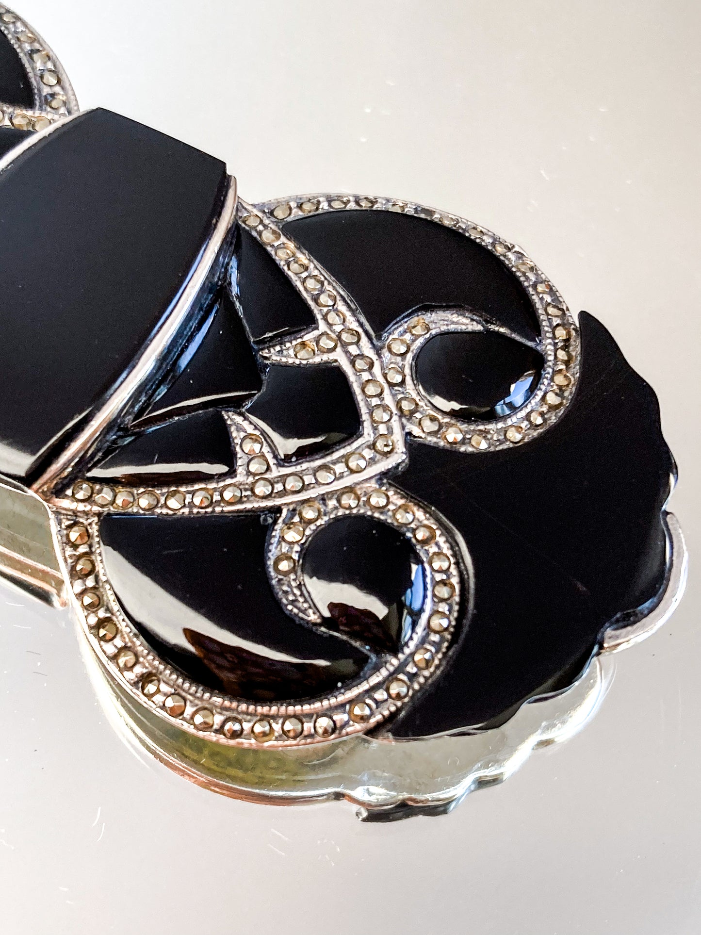 Vintage Art Deco Style Sterling Silver Marcasite Black Onyx Large Brooch Pin