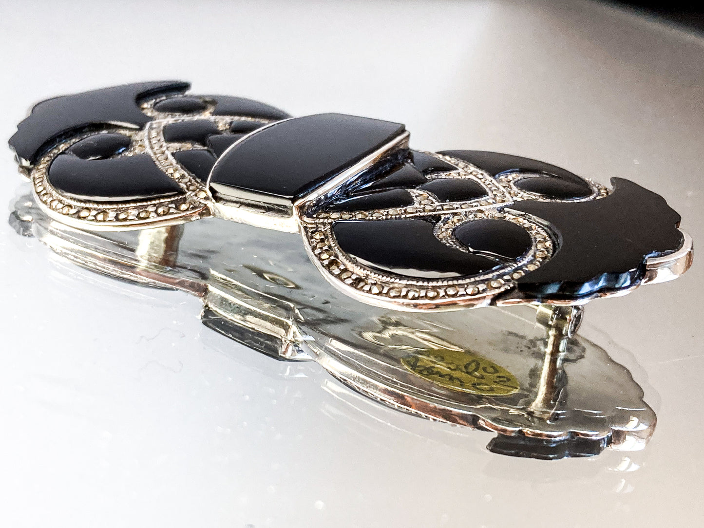 Vintage Art Deco Style Sterling Silver Marcasite Black Onyx Large Brooch Pin