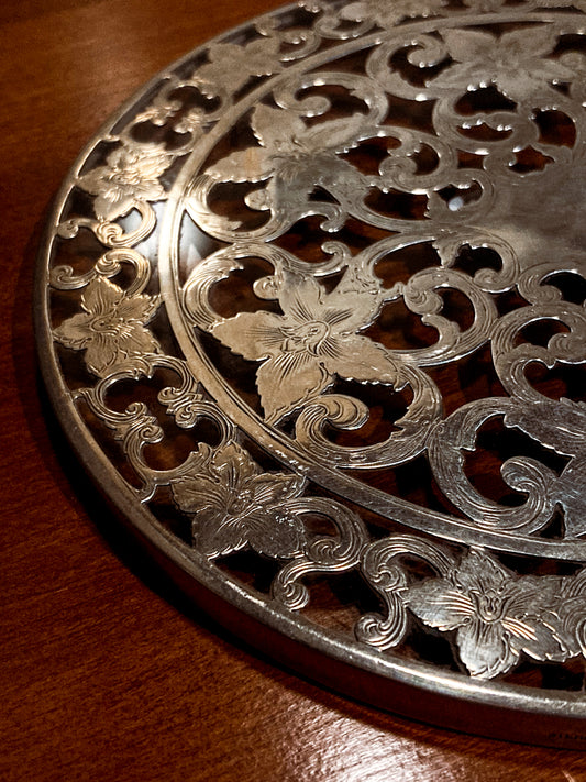 Antique 1920s Sterling Silver Overlay Glass Round Floral 6 Inch Trivet