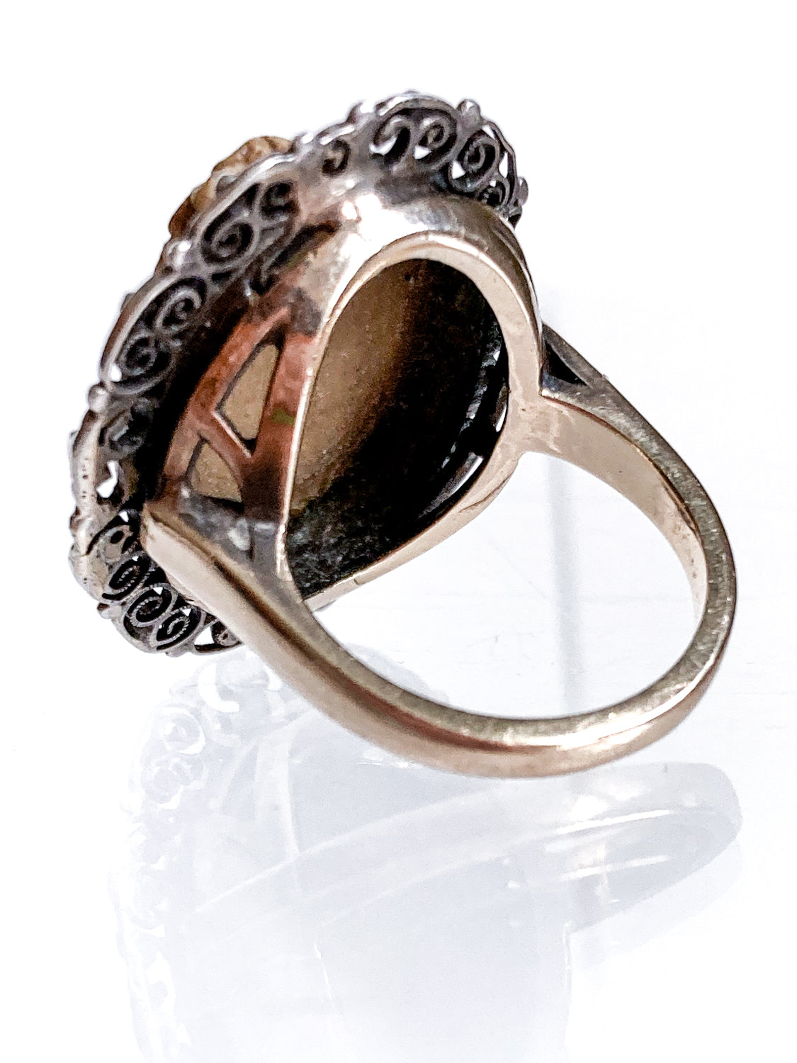 Antique Victorian Gold Sterling Silver Filigree Lava Stone Cameo Ring Back 2