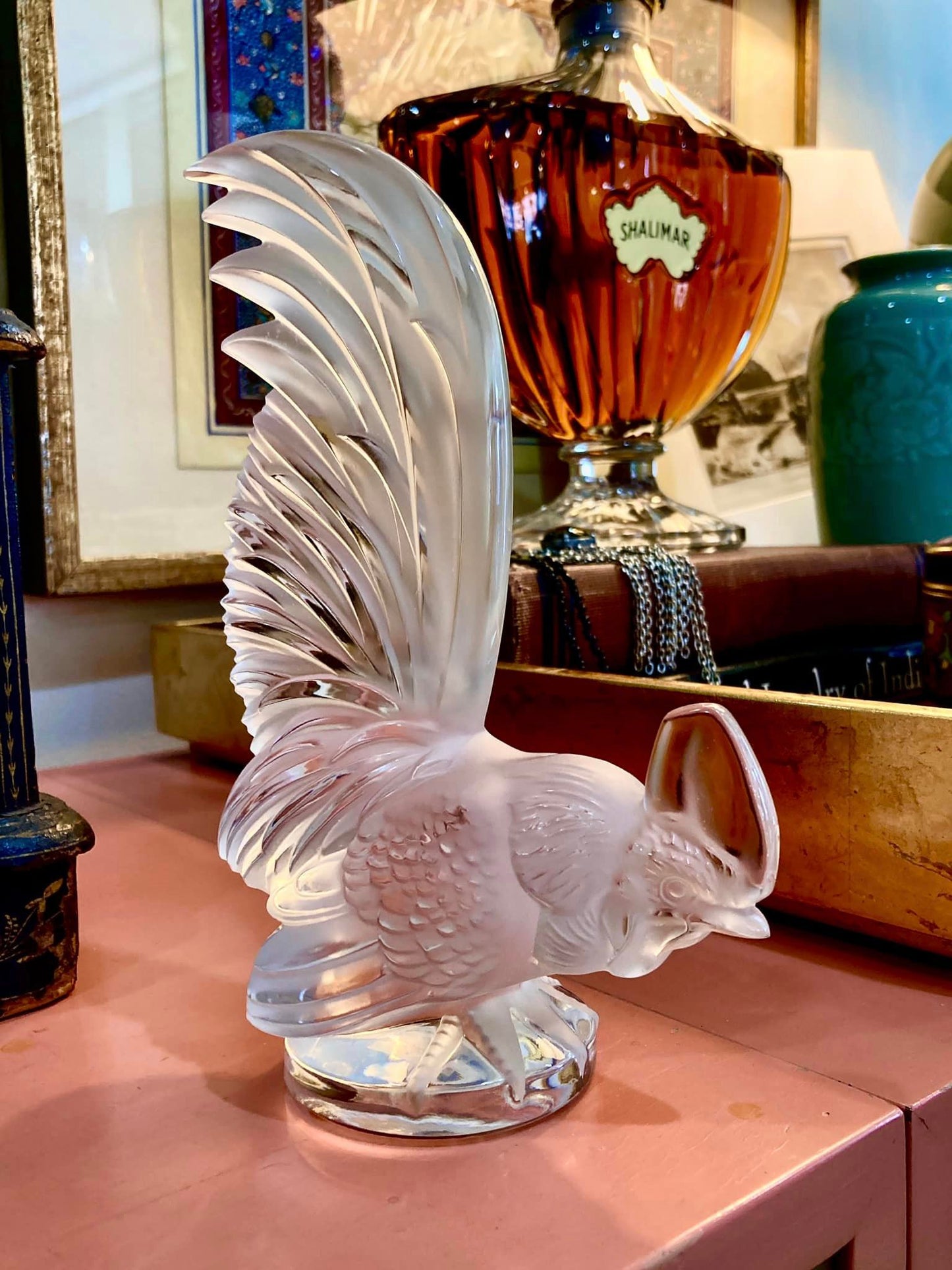 20th Century Lalique Frosted Clear Crystal Rooster Figurine Sculpture