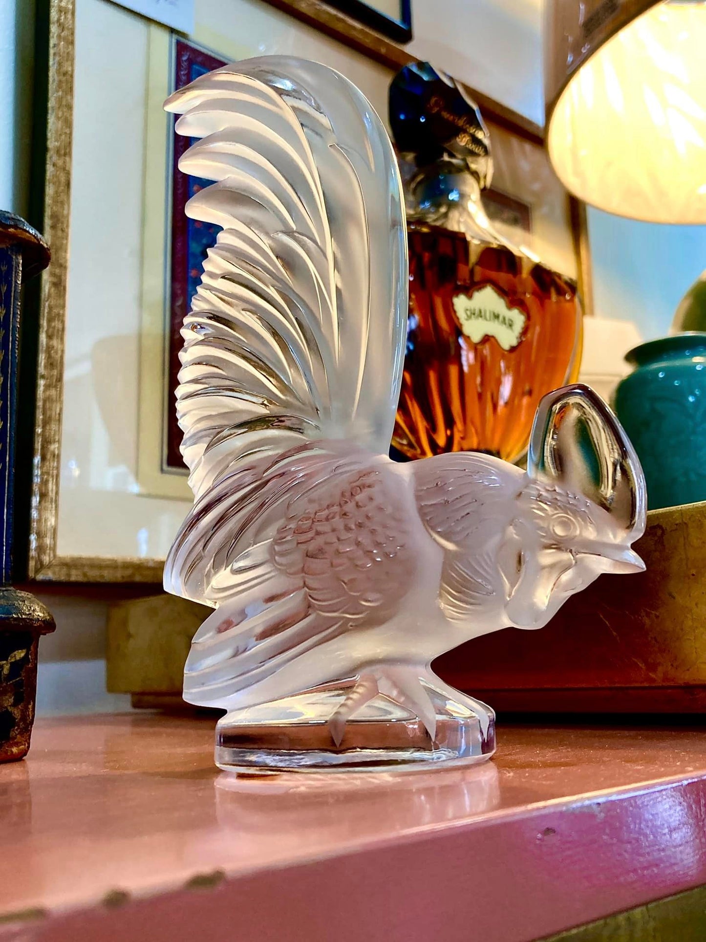 20th Century Lalique Frosted Clear Crystal Rooster Figurine Sculpture