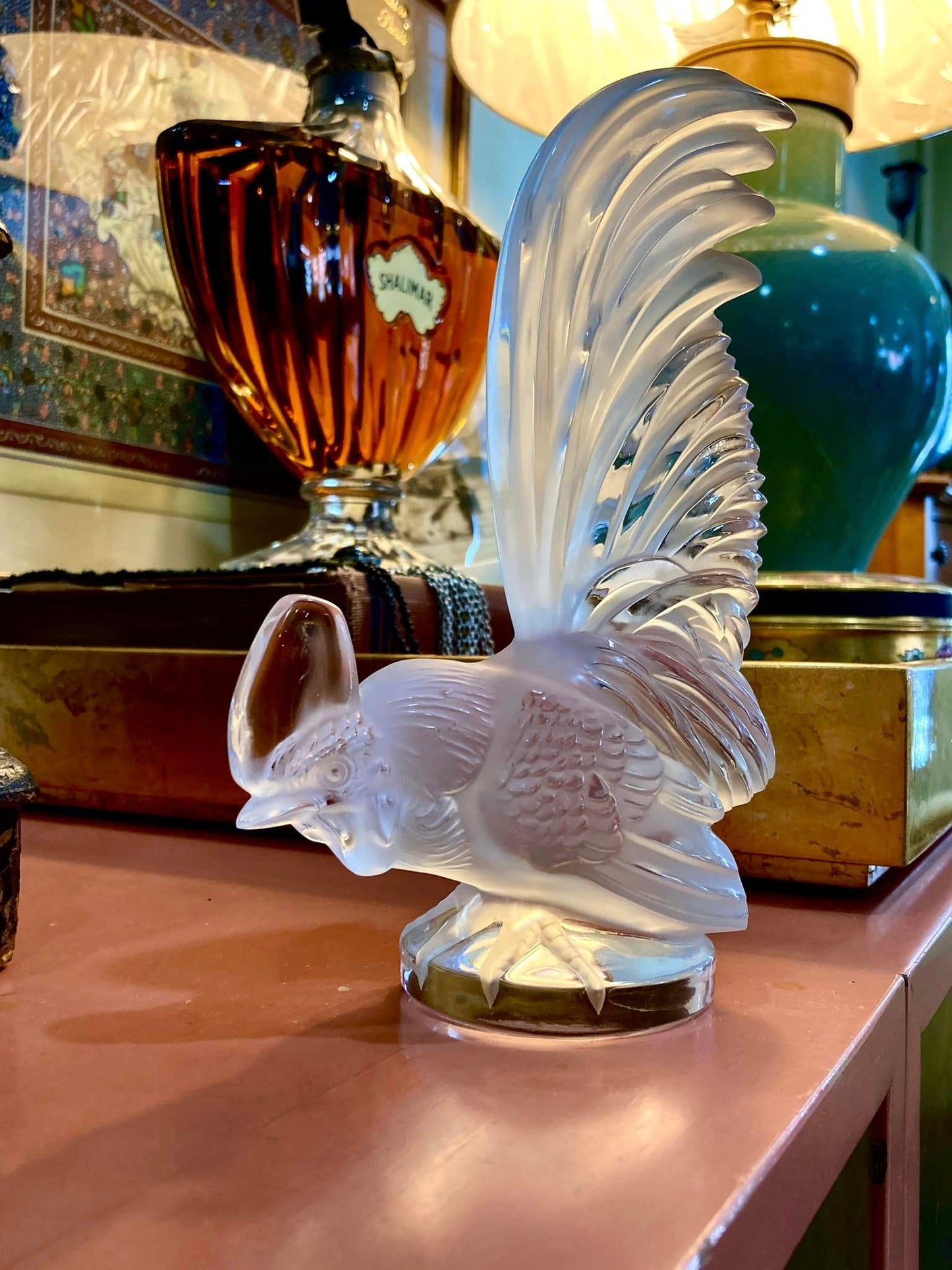 20th Century Lalique Frosted Clear Crystal Rooster Figurine Sculpture