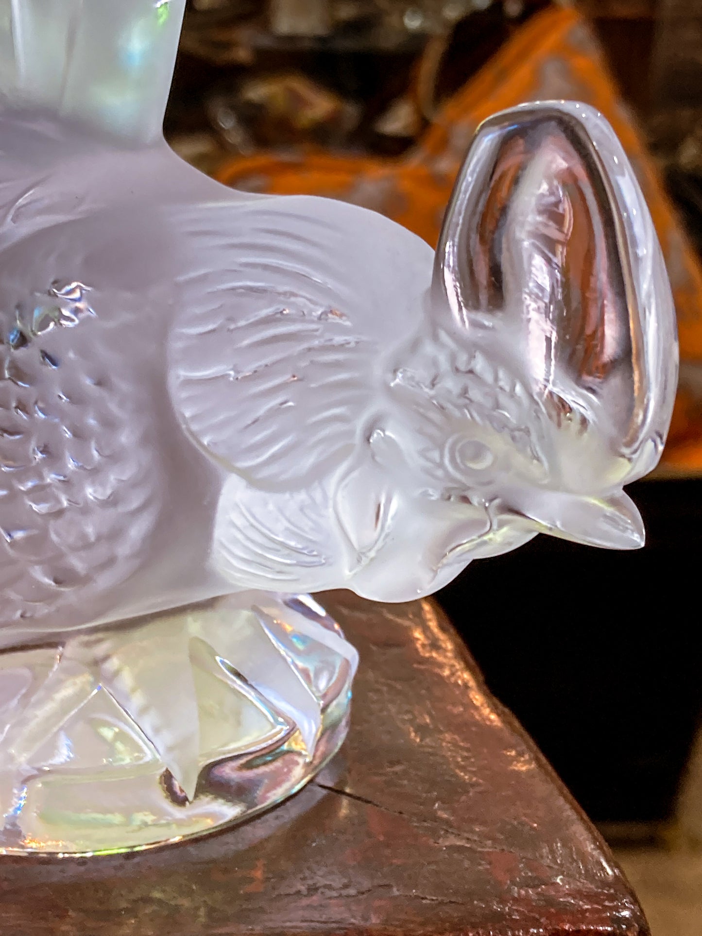 20th Century Lalique Frosted Clear Crystal Rooster Figurine Sculpture