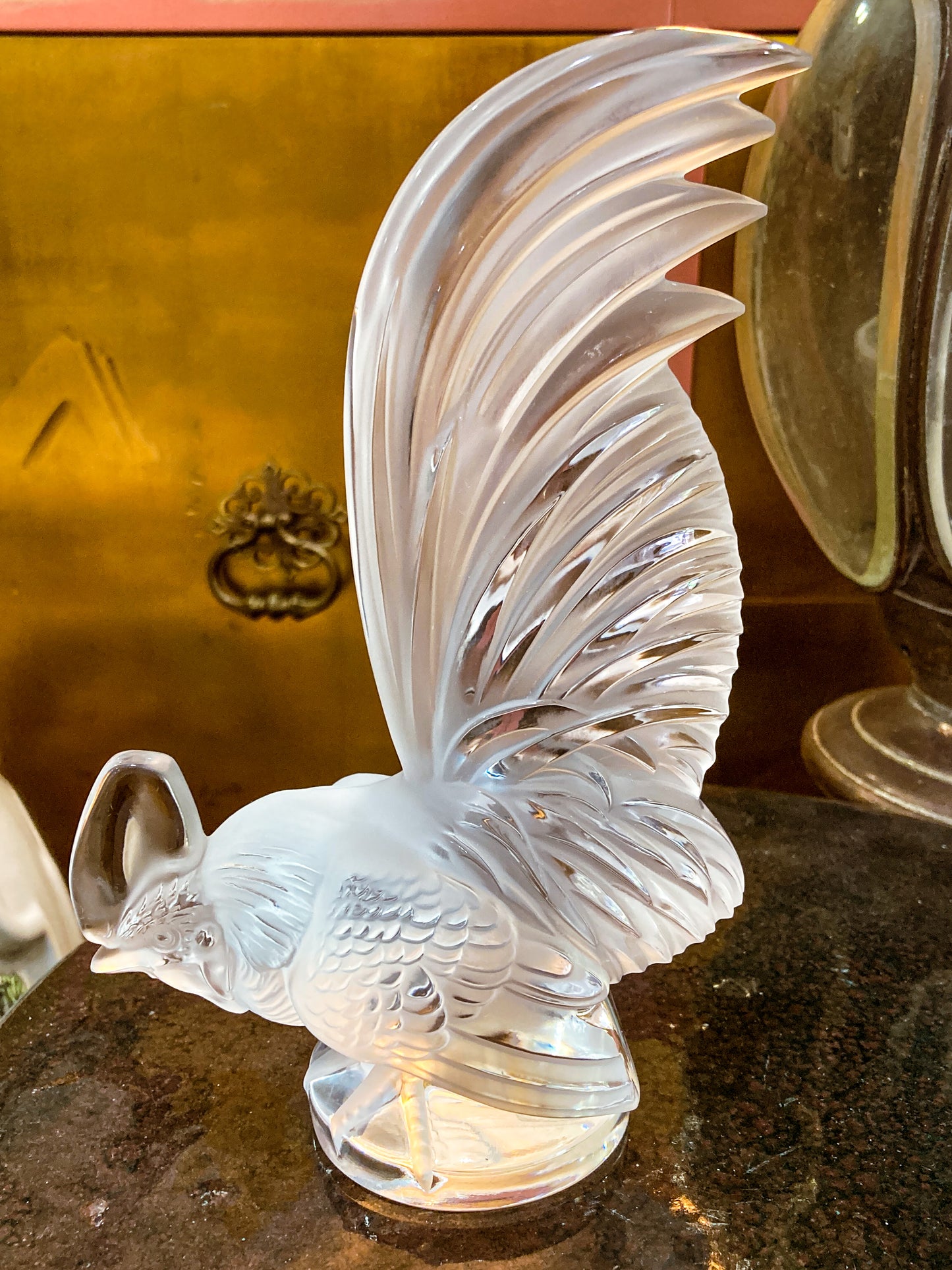 20th Century Lalique Frosted Clear Crystal Rooster Figurine Sculpture
