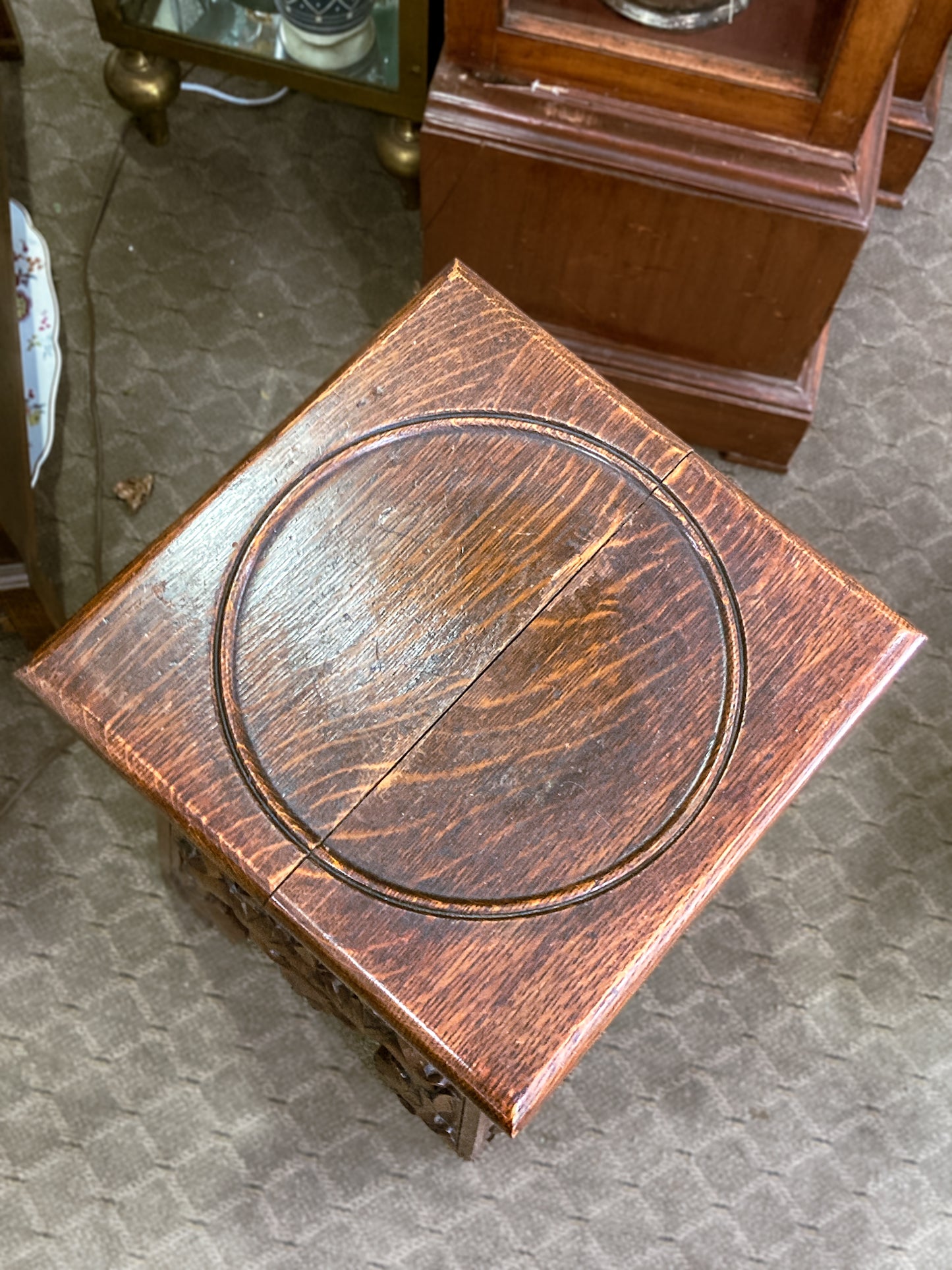 Antique 1910 American Carved Oak Wood Square Side Table Pedestal Stand