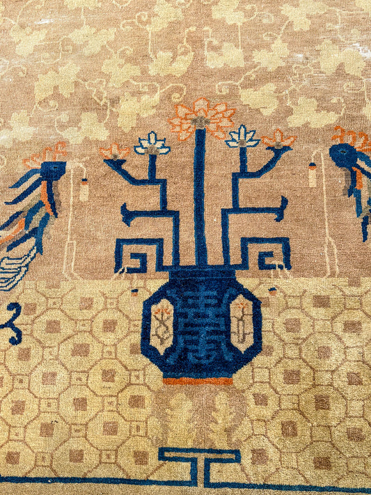 Antique 1910s Tan Blue Bird Art Deco Chinese 8x10ft Woven Wool Rug
