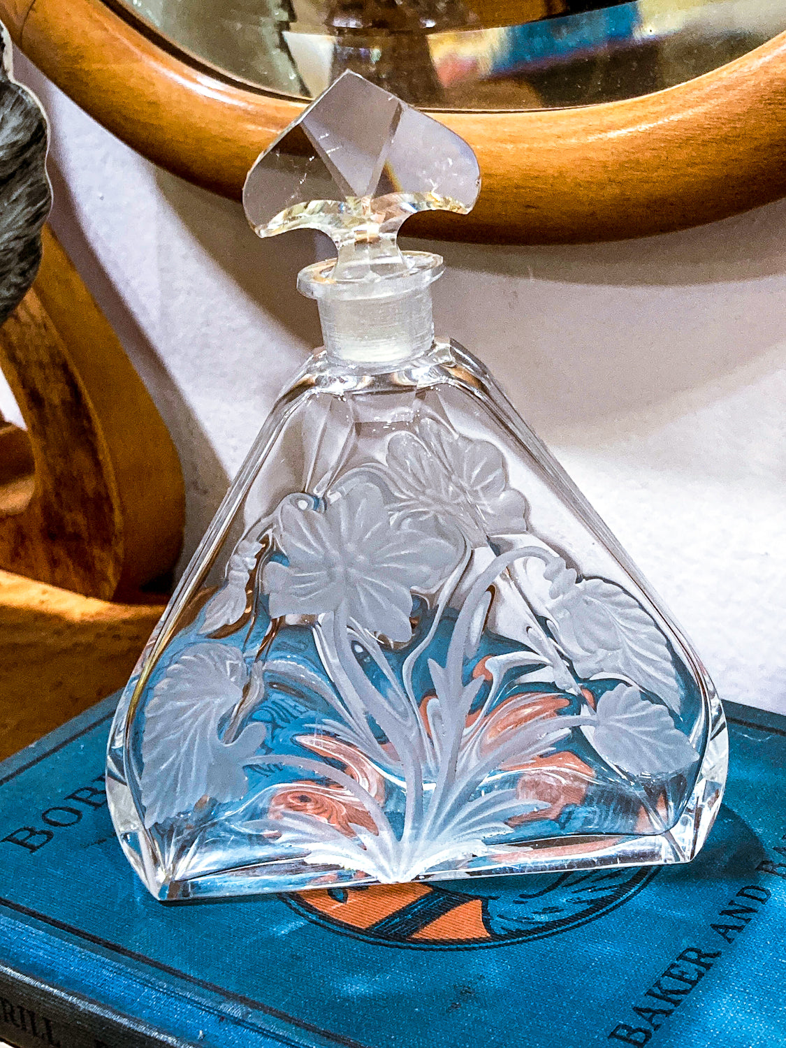 Antique 1920s Czech Clear Glass Floral Triangular Lybis Luxor Perfume Bottle