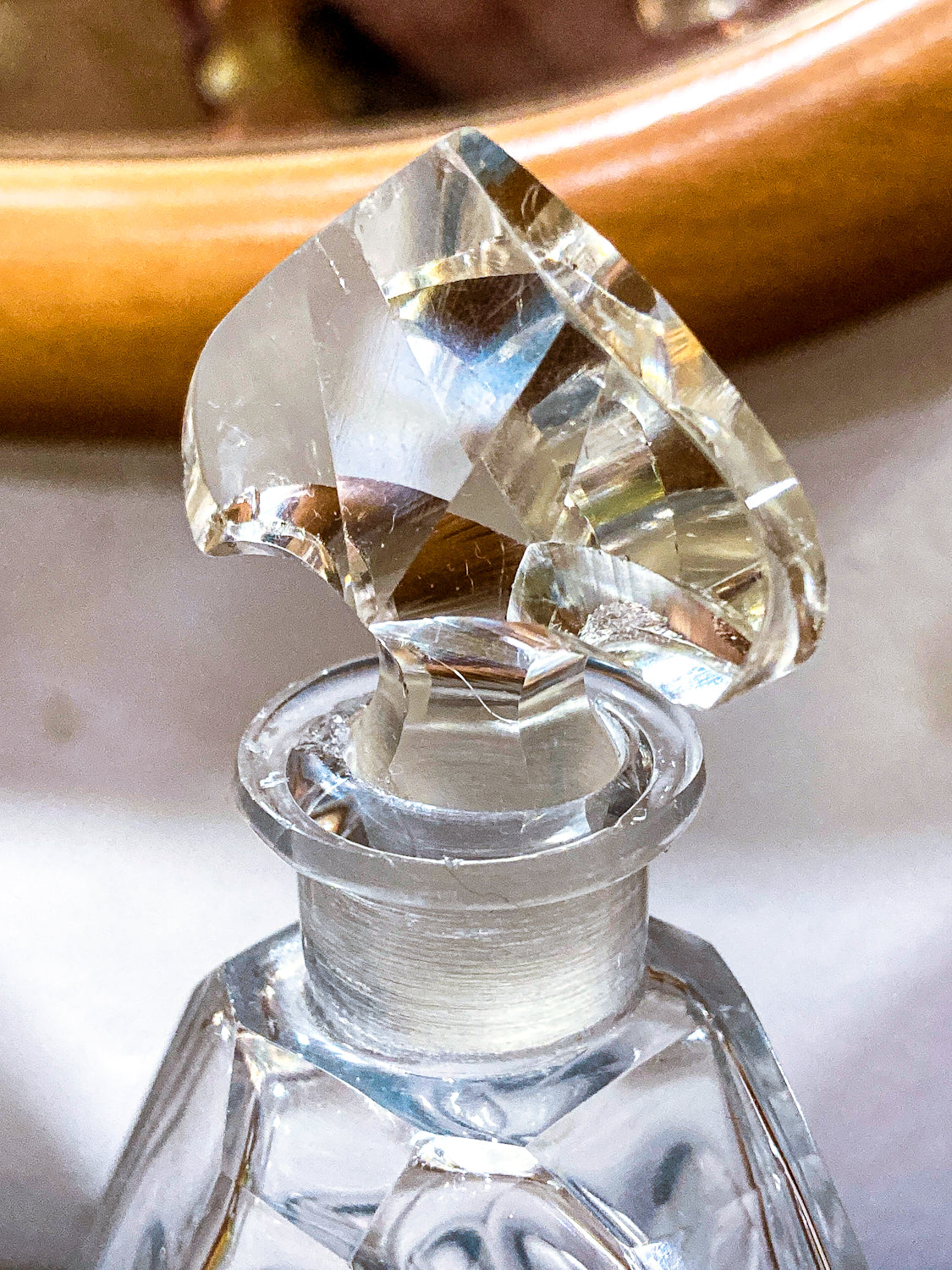Antique 1920s Czech Clear Glass Floral Triangular Lybis Luxor Perfume Bottle