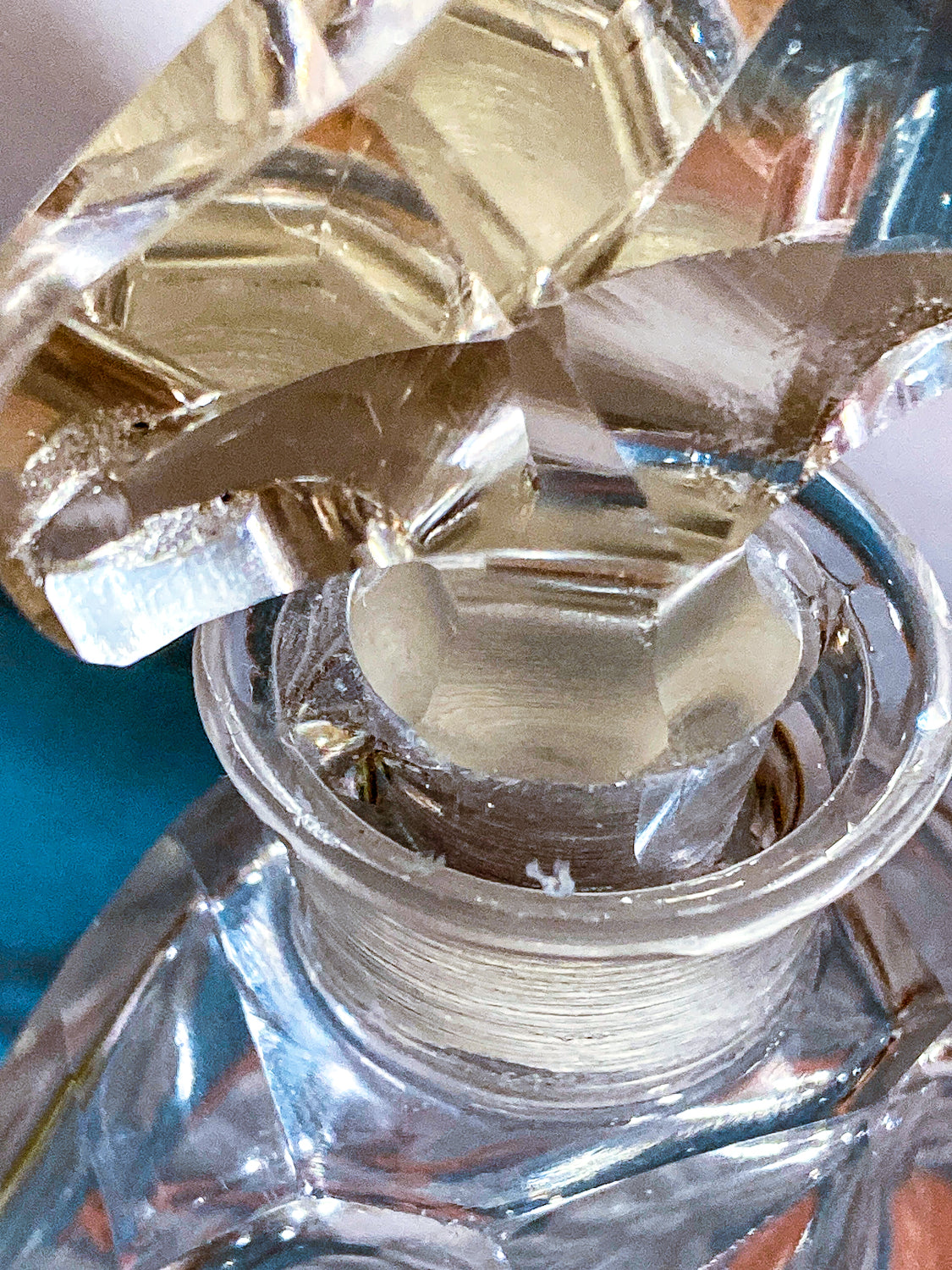 Antique 1920s Czech Clear Glass Floral Triangular Lybis Luxor Perfume Bottle