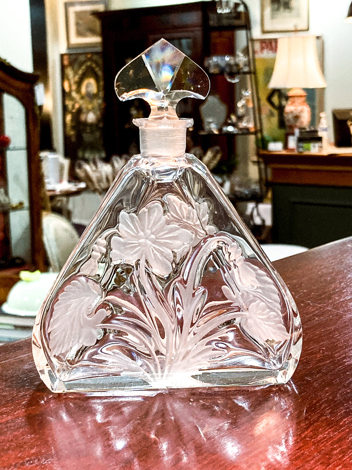 Antique 1920s Czech Clear Glass Floral Triangular Lybis Luxor Perfume Bottle