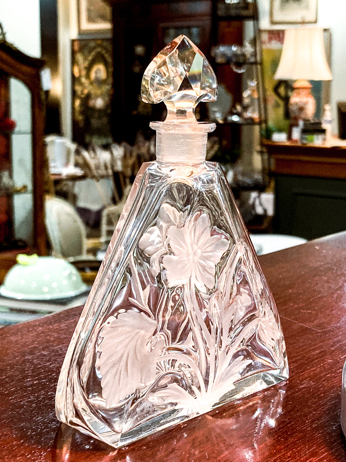 Antique 1920s Czech Clear Glass Floral Triangular Lybis Luxor Perfume Bottle