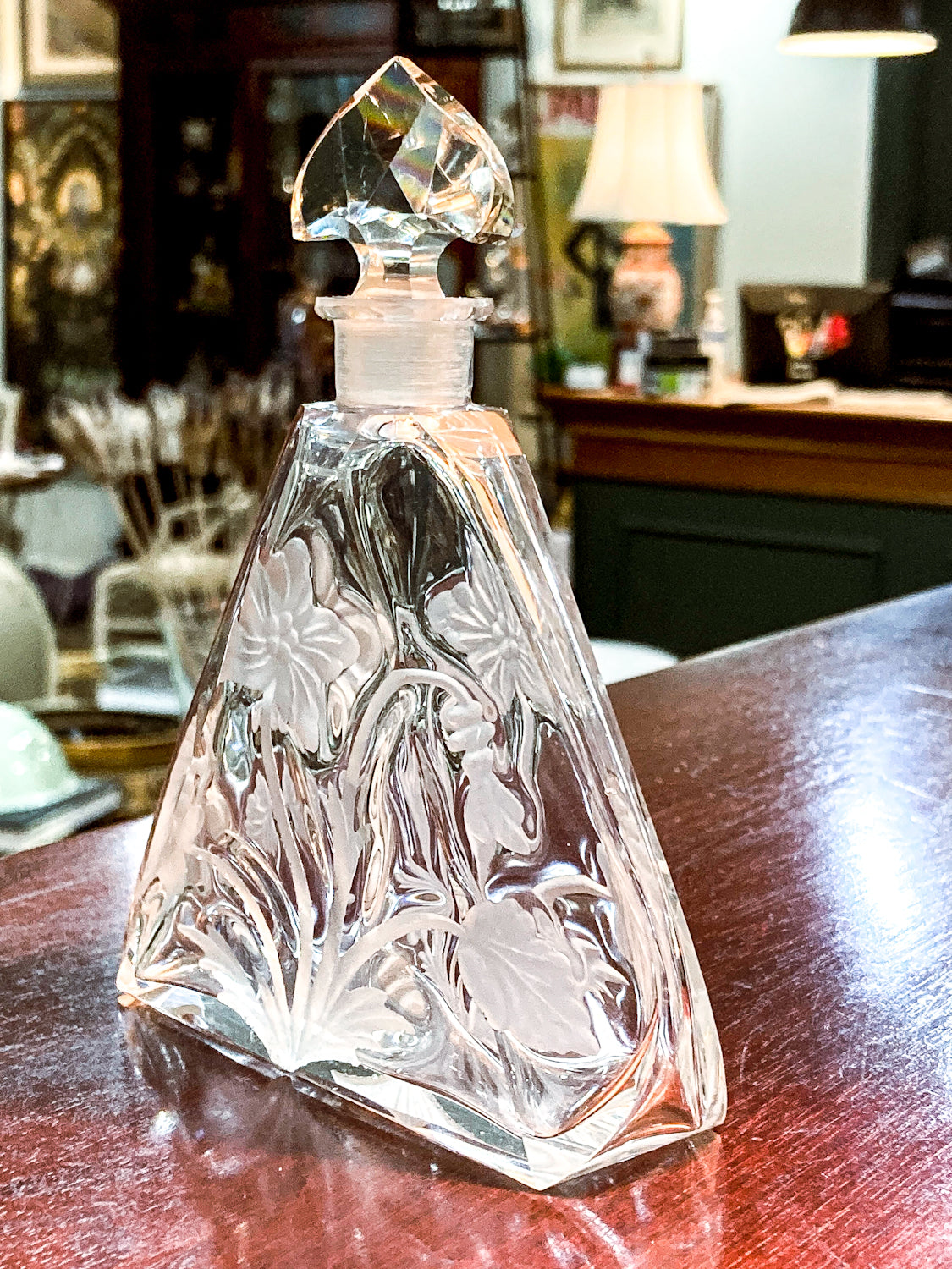 Antique 1920s Czech Clear Glass Floral Triangular Lybis Luxor Perfume Bottle