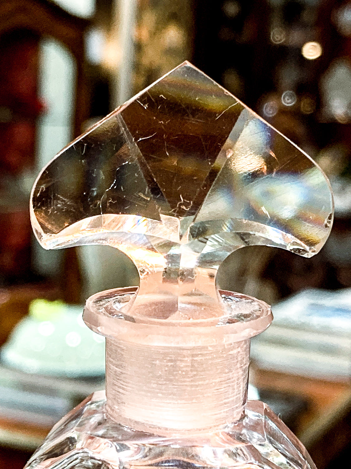 Antique 1920s Czech Clear Glass Floral Triangular Lybis Luxor Perfume Bottle