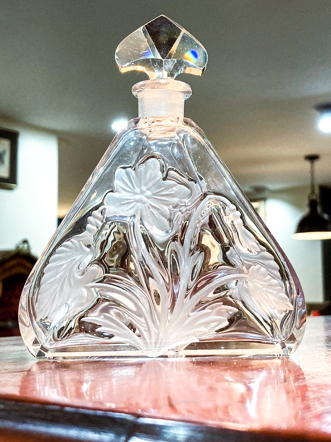 Antique 1920s Czech Clear Glass Floral Triangular Lybis Luxor Perfume Bottle