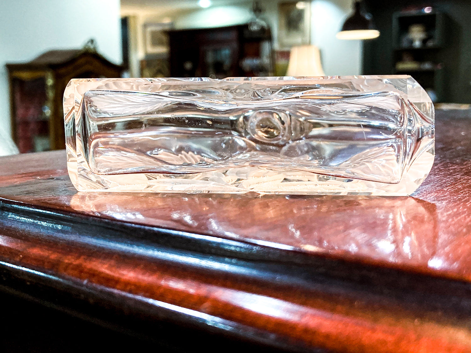 Antique 1920s Czech Clear Glass Floral Triangular Lybis Luxor Perfume Bottle