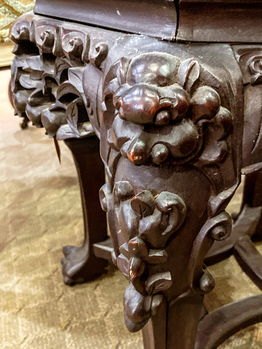 Antique 1920s Hand Carved Chinese Rosewood Marble Top Inlay Side Table
