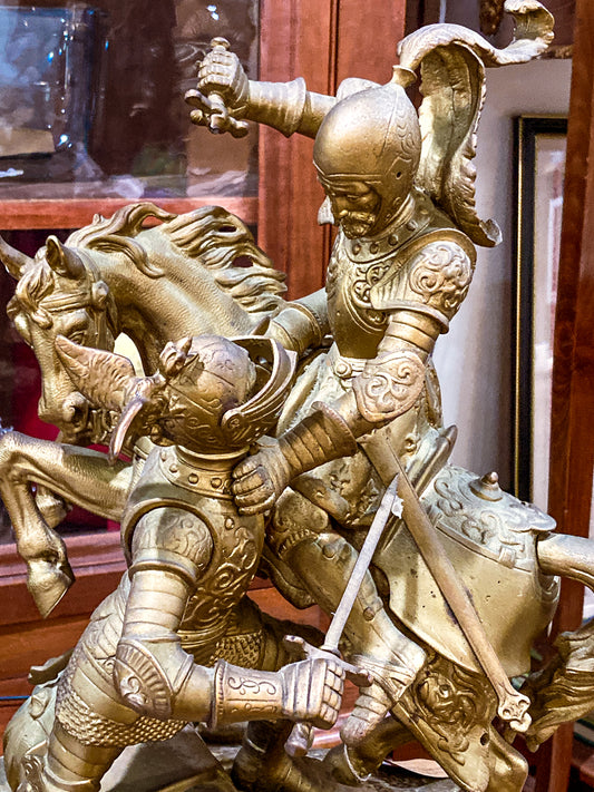 Antique 19th Century Sculptural Knights Hand-Painted Bell Clock