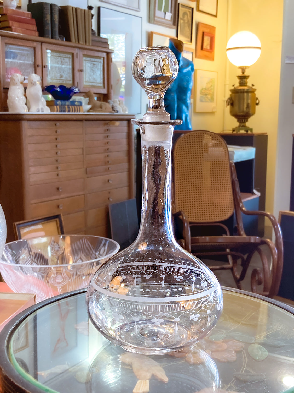 Antique 19th Century Hand Blown Etched Rounded Clear Glass Decanter
