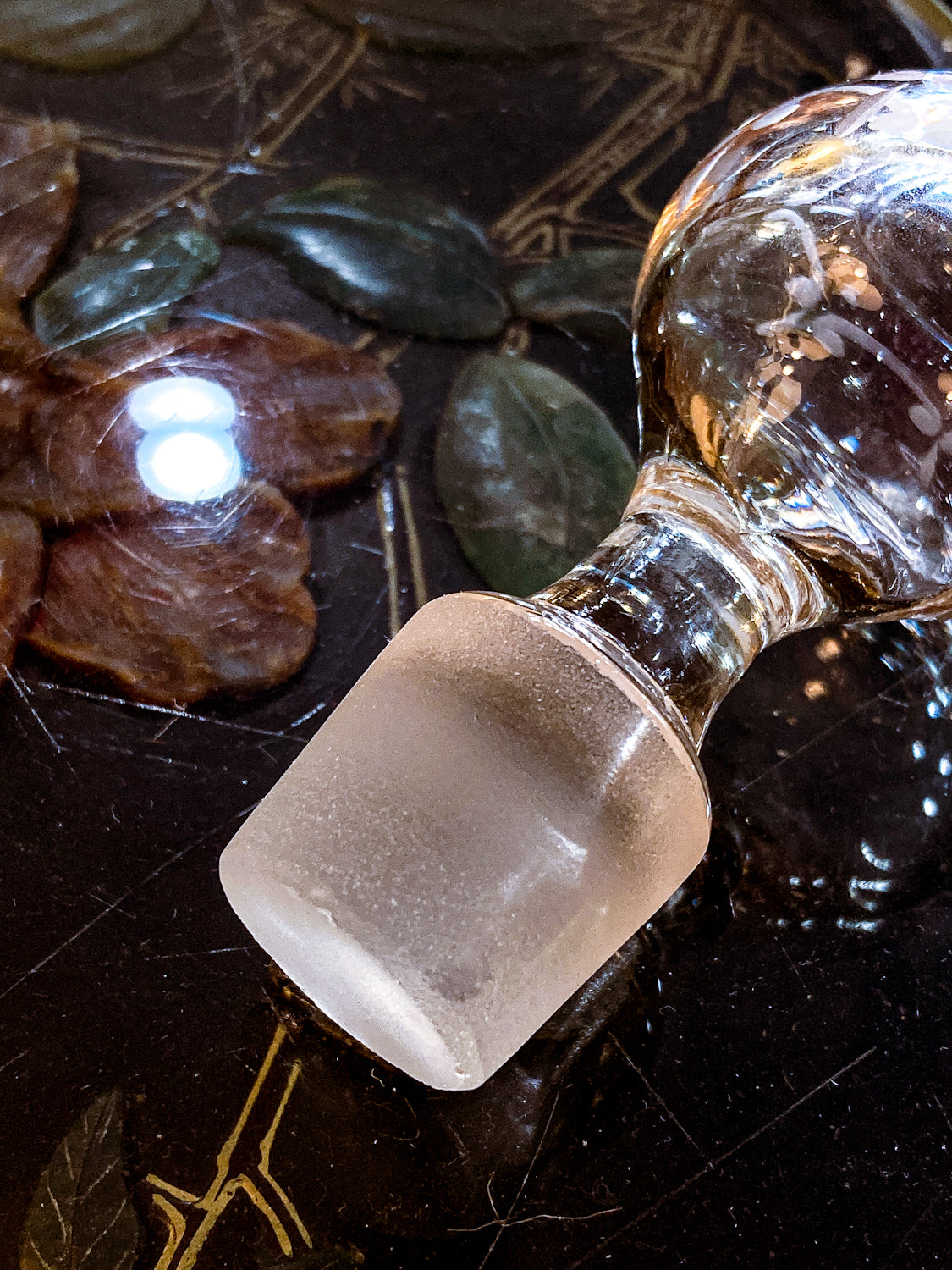 Antique 19th Century Hand Blown Etched Rounded Clear Glass Decanter