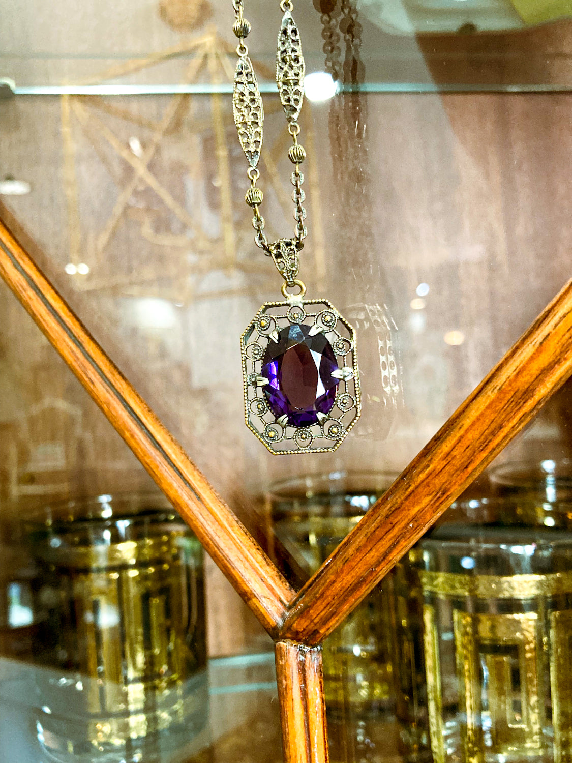 Antique Art Deco Purple Faux Amethyst Filigree Pendant Necklace