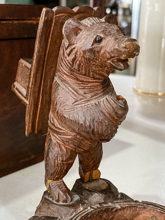 Antique Black Forest Matchbox Holder Ashtray Wooden Carved Bear Figurine
