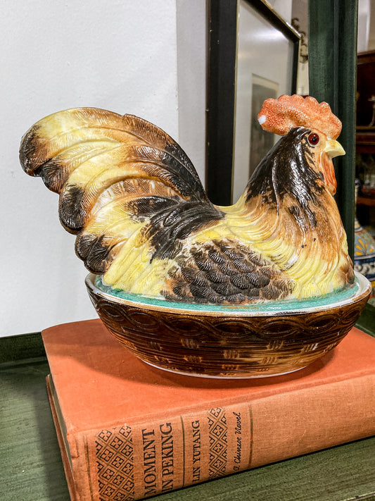 Antique Challinor Taylor Late 19th Century Milk Glass Rooster Nesting Lidded Jar