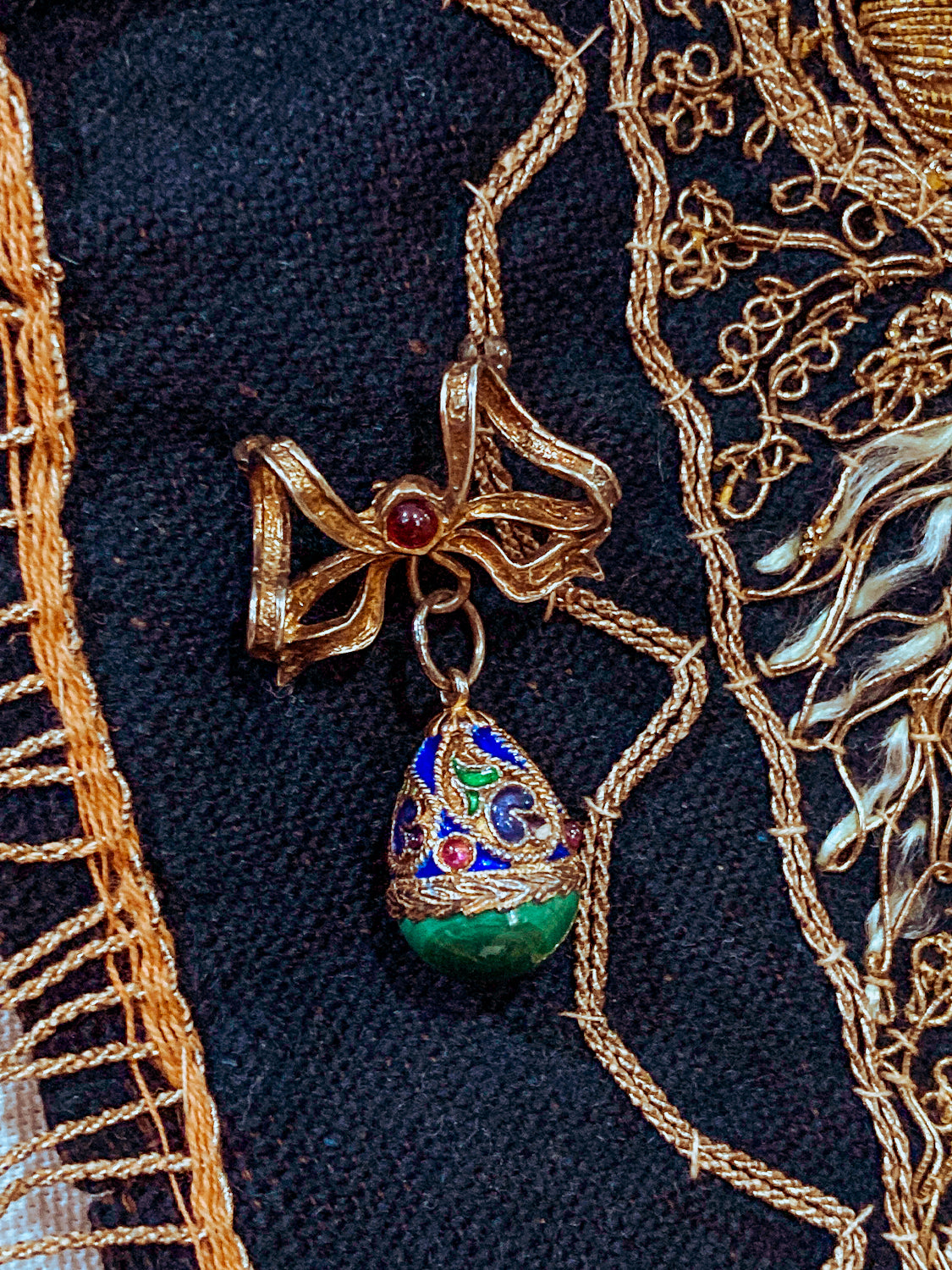 Edwardian Faberge Style Enameled Malachite Egg Drop Bow Watch Fob Brooch Pin