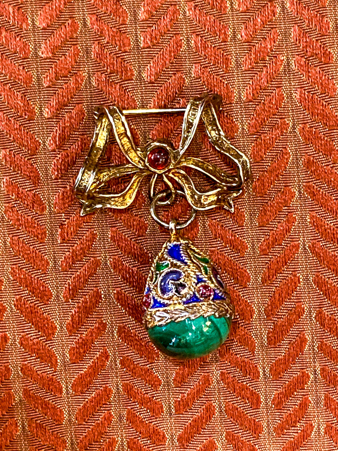 Edwardian Faberge Style Enameled Malachite Egg Drop Bow Watch Fob Brooch Pin