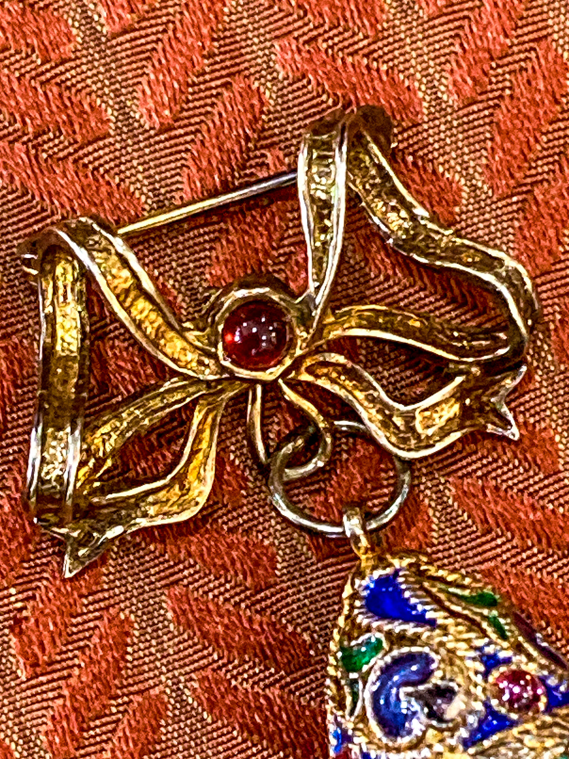 Edwardian Faberge Style Enameled Malachite Egg Drop Bow Watch Fob Brooch Pin