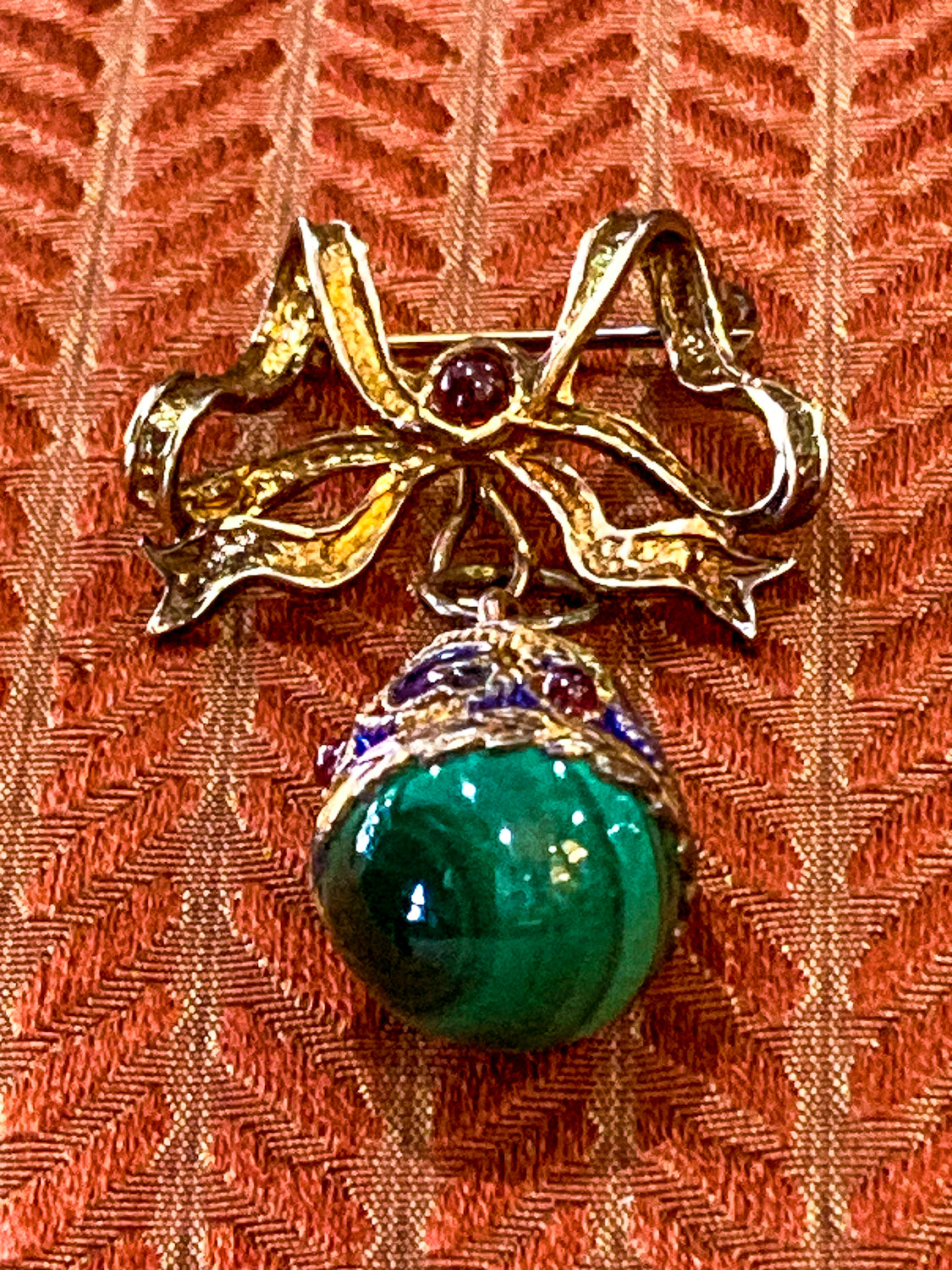 Edwardian Faberge Style Enameled Malachite Egg Drop Bow Watch Fob Brooch Pin