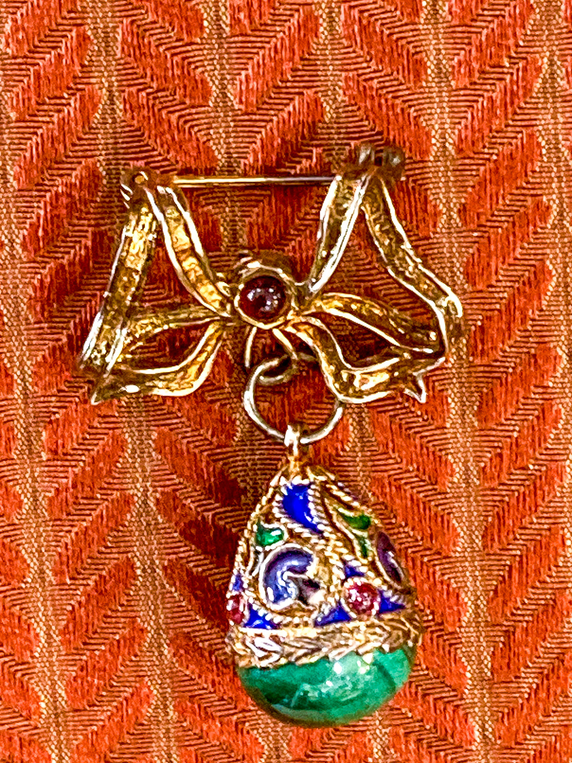 Edwardian Faberge Style Enameled Malachite Egg Drop Bow Watch Fob Brooch Pin