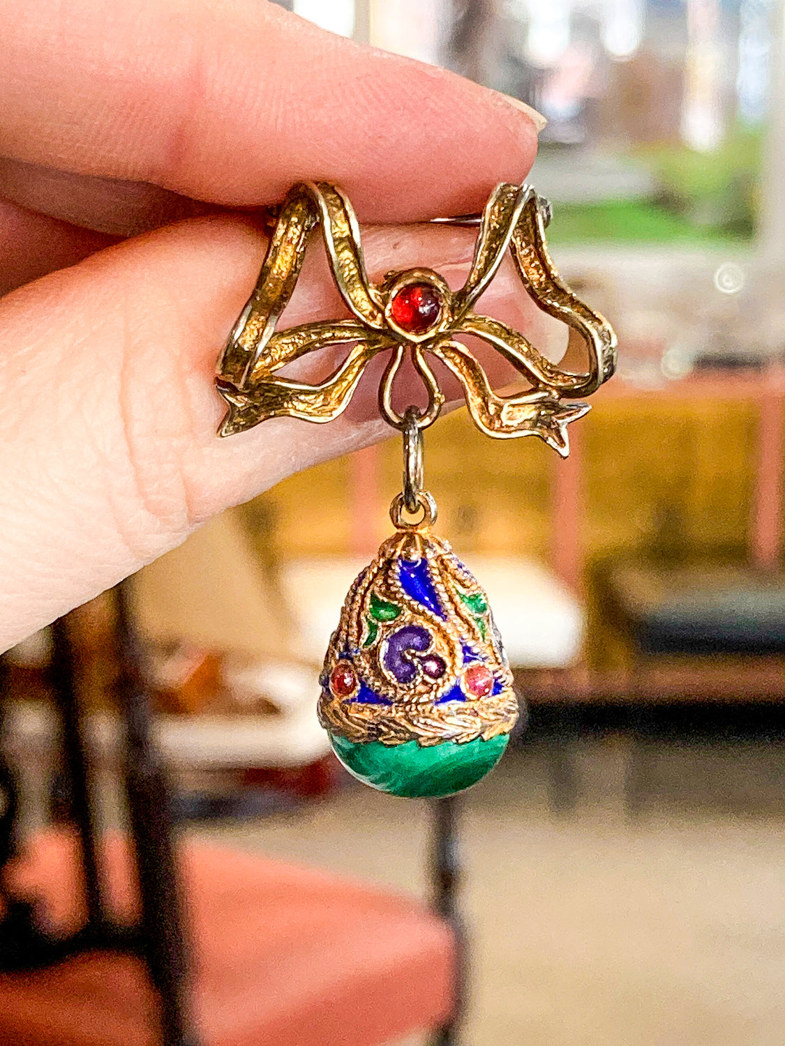 Edwardian Faberge Style Enameled Malachite Egg Drop Bow Watch Fob Brooch Pin