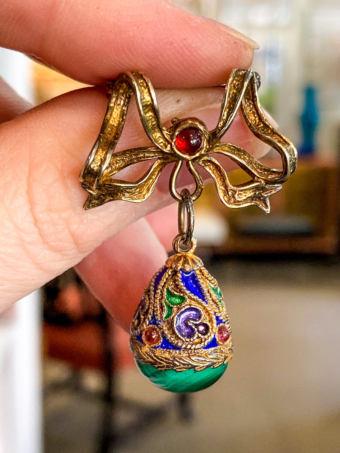 Edwardian Faberge Style Enameled Malachite Egg Drop Bow Watch Fob Brooch Pin