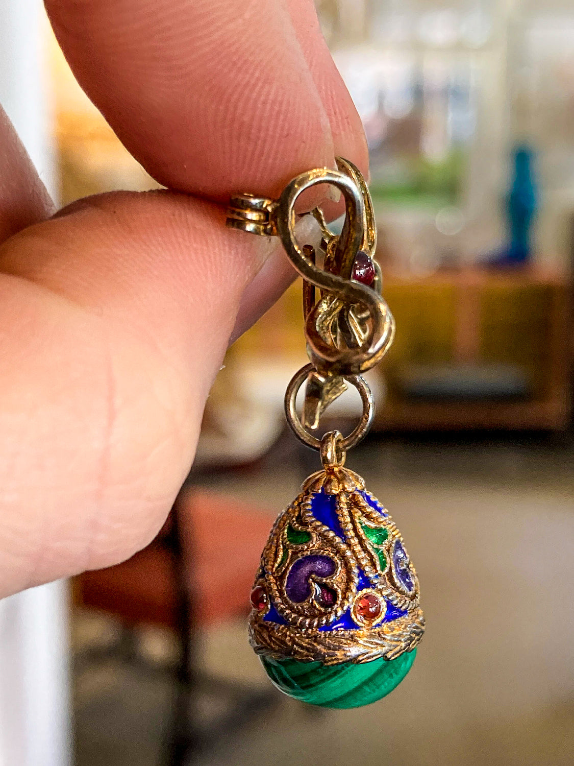 Edwardian Faberge Style Enameled Malachite Egg Drop Bow Watch Fob Brooch Pin