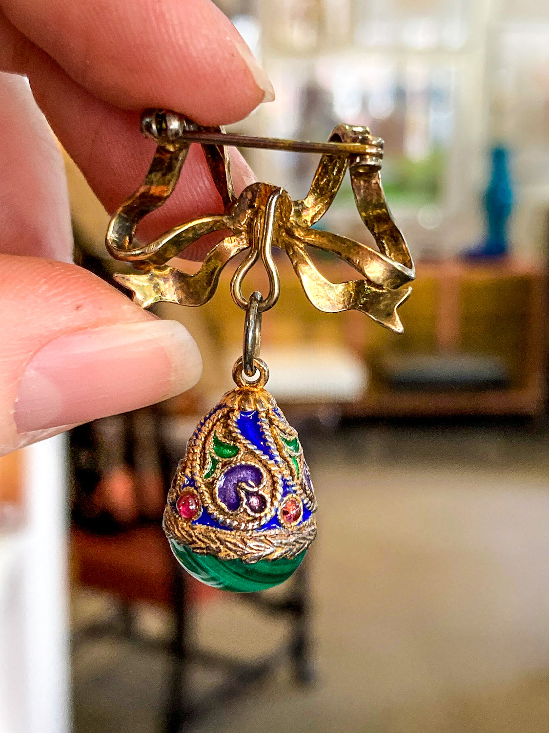 Edwardian Faberge Style Enameled Malachite Egg Drop Bow Watch Fob Brooch Pin