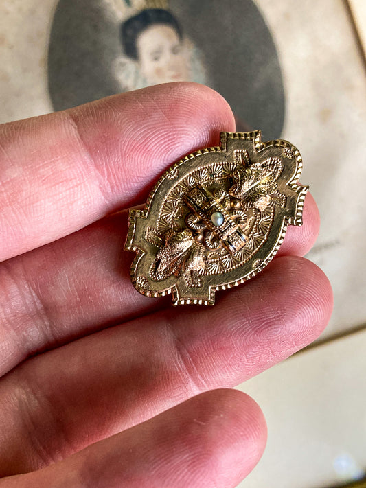 Antique Engraved Yellow Gold Filled Seed Pearl Ornate Brooch Pin