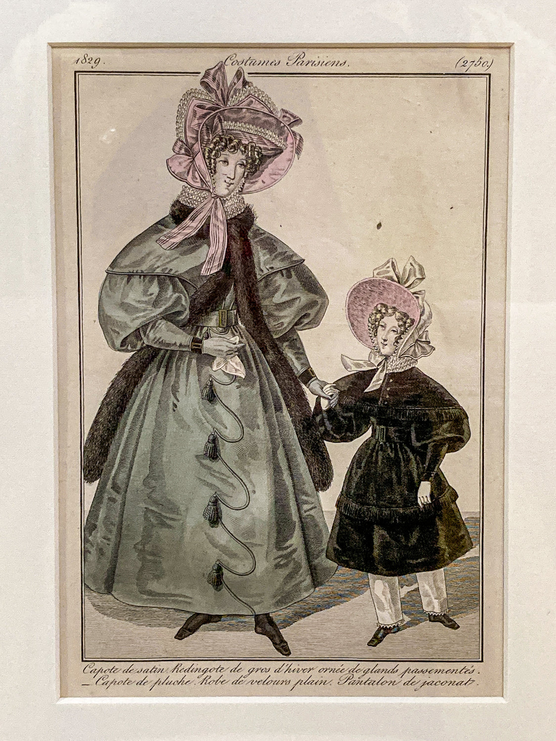 Framed Antique French 19th Century 1829 Parisian Fashion Plate Print