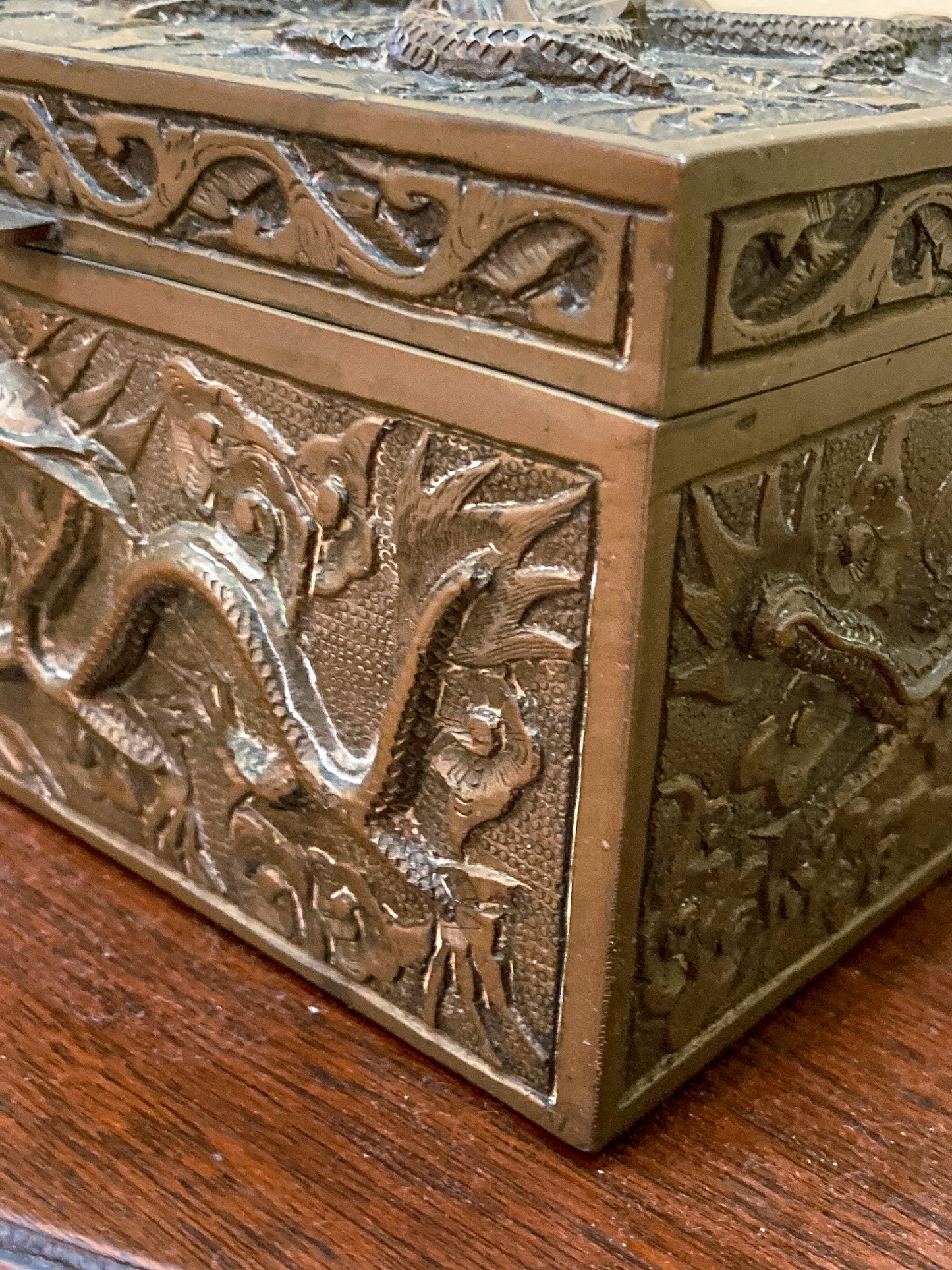 Antique Hand Engraved Sculptural Brass Dragon Wood Lined Cigar Box