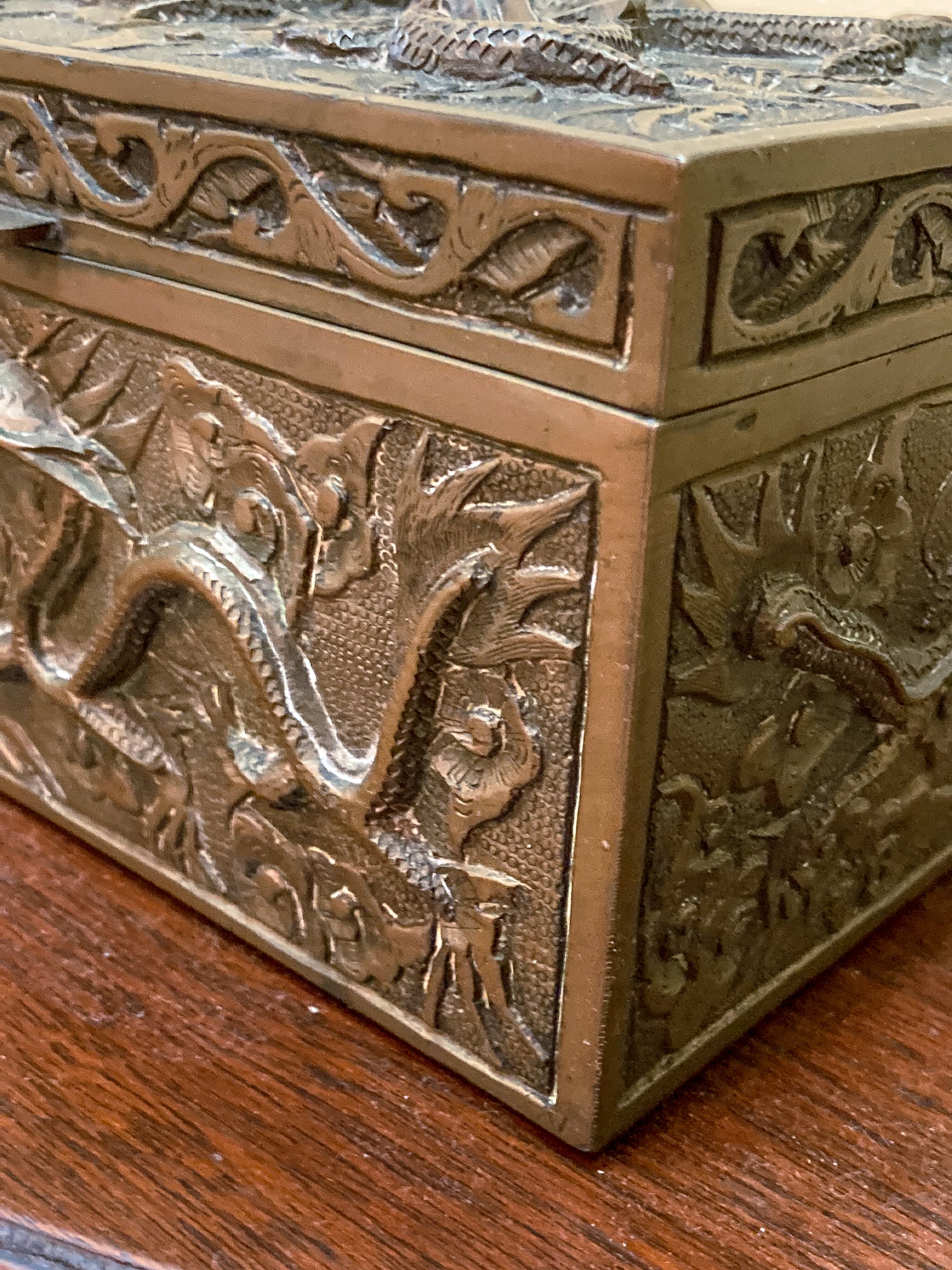Antique Hand Engraved Sculptural Brass Dragon Wood Lined Cigar Box