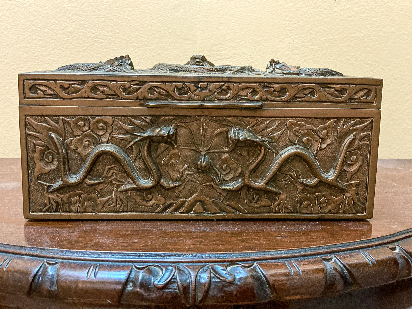 Antique Hand Engraved Sculptural Brass Dragon Wood Lined Cigar Box