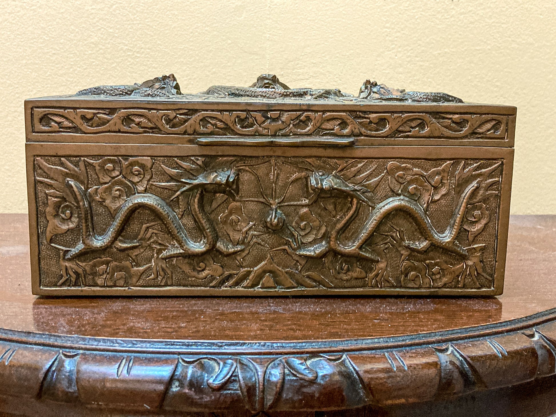 Antique Hand Engraved Sculptural Brass Dragon Wood Lined Cigar Box