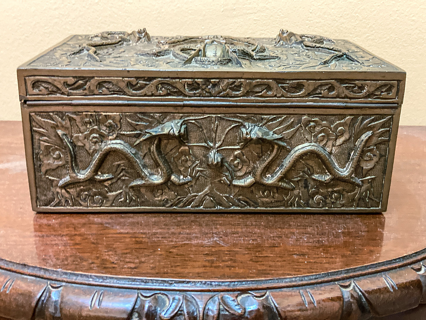 Antique Hand Engraved Sculptural Brass Dragon Wood Lined Cigar Box