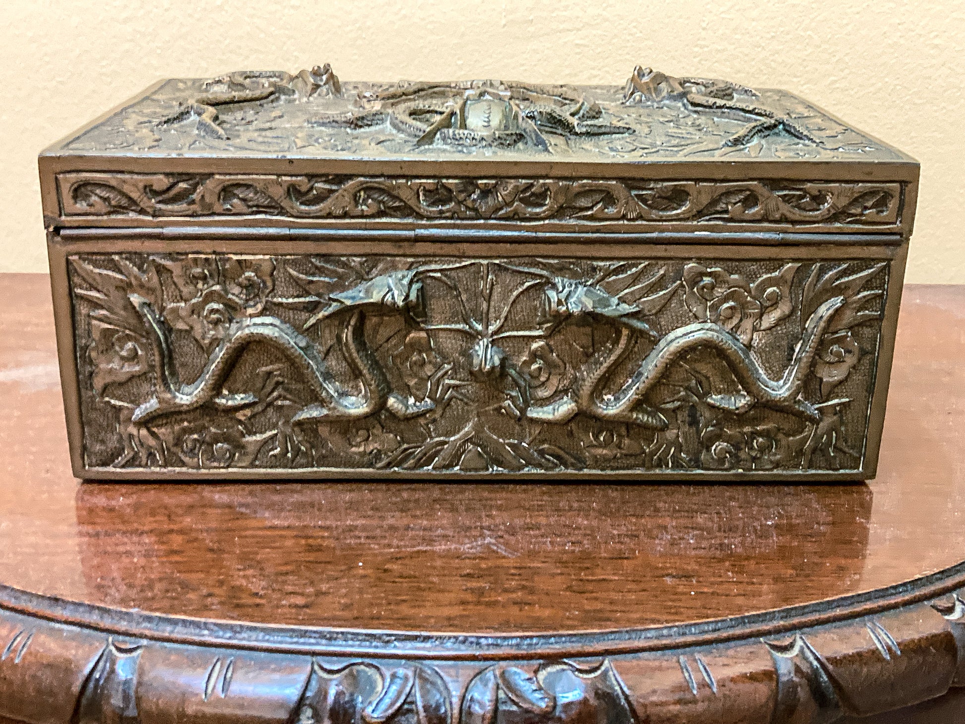 Antique Hand Engraved Sculptural Brass Dragon Wood Lined Cigar Box